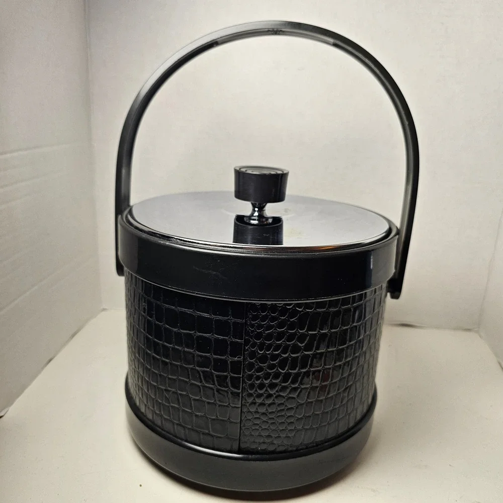 MCM Ice Bucket Black Faux Crocodile Chrome Lid Mid Century‎ Modern Barware Japan